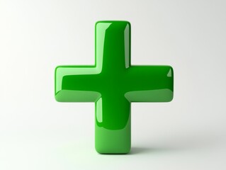 Fototapeta premium Bright green glossy plus symbol standing out against a clean white background, representing health, positivity, and modern design. 