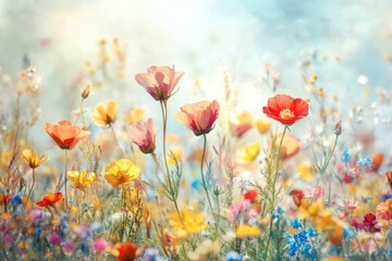 Naklejka premium Colorful field of wildflowers in full bloom, with a vibrant mix of orange, yellow, and pink hues.
