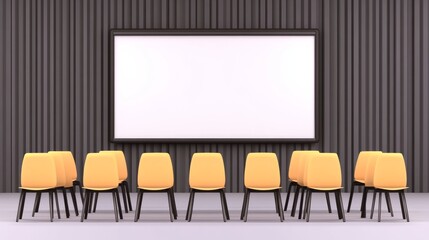 A modern meeting room featuring yellow chairs arranged in front of a blank screen against a textured gray wall.