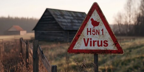 Avian Flu monitoring concept. A warning sign for H5N1 virus stands in a rural setting, alerting to the presence of avian influenza near a weathered barn and field.