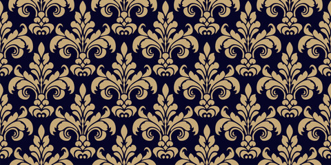 Fototapeta premium Golden vector seamless pattern. Elegant ornament in baroque, rococo, renaissance style. Luxury Damask pattern. Black and gold abstract background texture with curly floral elements. Repeating design