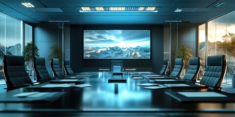 A modern, well-equipped conference room with a large screen for presentations or video conferences.