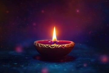 Small, lit candle sits in a gold bowl on a dark blue surface. The candle's light casts a warm glow on the bowl, creating a serene and peaceful atmosphere