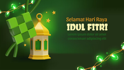 Selamat Hari Raya Idul Fitri vector banner 3D design, Ketupat, lantern decoration, glowing garland, vintage Islamic lamp © sabelskaya