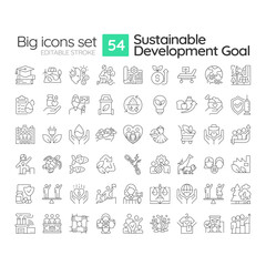 Sustainable development goal linear icons set. Green energy, production. Industrialization, innovation. Customizable thin line symbols. Isolated vector outline illustrations. Editable stroke
