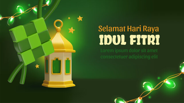 Selamat Hari Raya Idul Fitri vector banner 3D design, Ketupat, lantern decoration, glowing garland, vintage Islamic lamp
