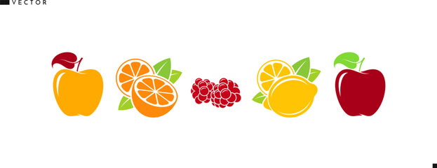 Fresh fruit vector. Citrus fruit with berries silhouette. Isolated orange fruit lemon raspberry and yellow apple with leaves