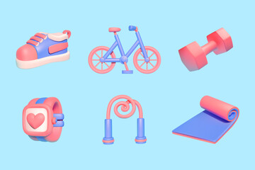 3D Fitness Equipment Icons on Blue Background