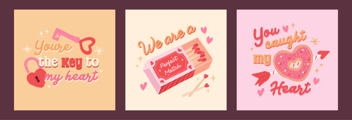 Collection of Sweet Love Season and Valentines typography quote of match, key and donut vector illustration