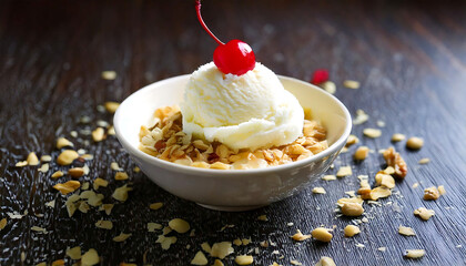 Delicious vanilla ice cream scoop atop crunchy granola, garnished with a bright red cherry.  Perfect for food blogs, dessert menus, or recipe websites.