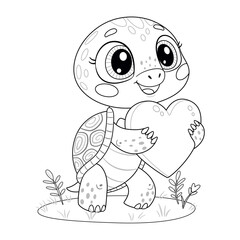 Cute turtle line art. Pet character Hand drawn trendy coloring book valentine illustration.