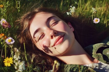 Naklejka premium A woman relaxes in a lush green meadow, surrounded by vibrant flowers