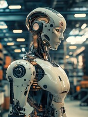 Fototapeta premium Robot with a white body and black head stands in a warehouse. The robot is wearing headphones and has a face on its chest. The robot appears to be in a factory setting