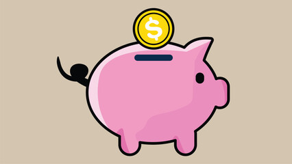 A piggy bank with a little pig character, dollar coins that will be put into the piggy bank