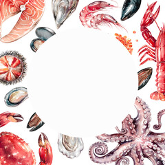 Fresh seafood watercolor frame template isolated on white background for food design