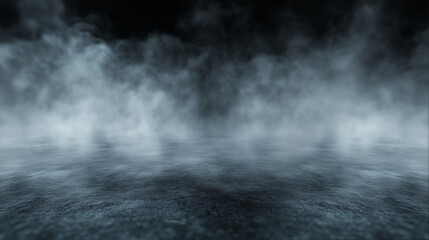 Empty room or backdrop for design or product presentation. Dark atmospheric mist over a reflective surface creating an mysterious scene for cinematic backdrops, and suspenseful design projects.