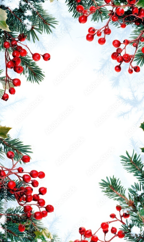 Poster festive border featuring red berries and evergreen branches for creative text placement during the h