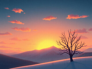Fototapeta premium A winter landscape features a bare tree in silhouette against a sunset over distant mountains. 