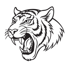 Angry tiger head with roaring mouth hand drawn sketch engraving style vector illustration.