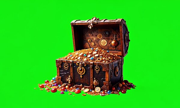 golden treasure chest falls on green screen