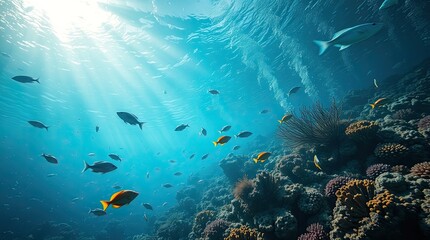 Obraz premium underwater scene featuring a vibrant coral reef and exotic fish, illuminated by epic, lens-glow lighting, showcasing a modern