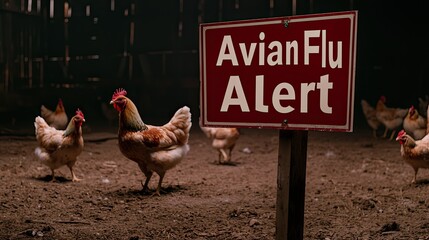 A warning sign for avian flu stands among chickens in a dimly lit barn, highlighting the seriousness of the situation for poultry health.