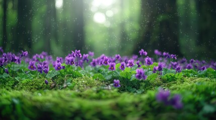 Obraz premium Purple wild flowers bloom on a mossy forest floor under soft sunlight filtering through trees.
