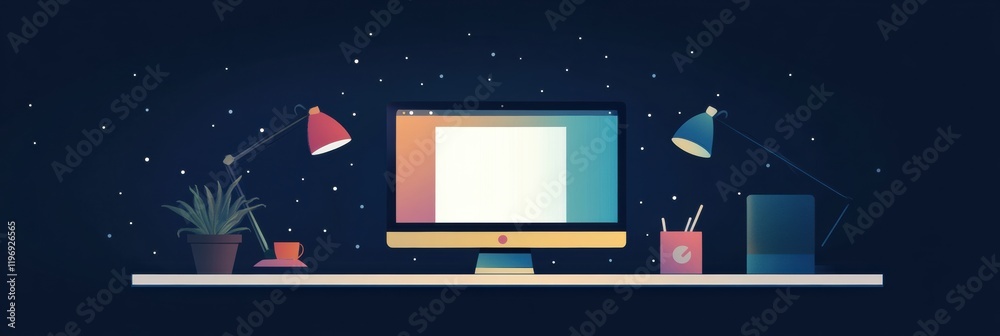 Poster modern workspace with computer and desk accessories featuring ample copy space for text and design e