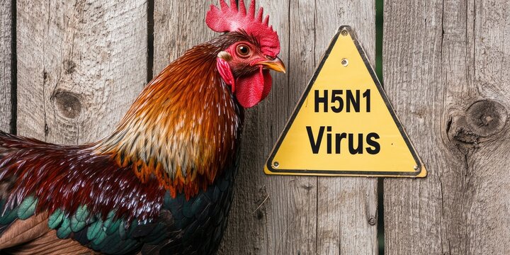 Avian Flu monitoring concept. A rooster stands next to a warning sign for the H5N1 virus, highlighting the importance of biosecurity in poultry farming.