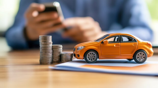 Stacked coins with a miniature car and a person using a smartphone in the background symbolizing car financing, budgeting, and online insurance services