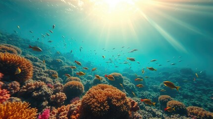 Obraz premium underwater scene featuring a vibrant coral reef and exotic fish, illuminated by epic, lens-glow lighting, showcasing a modern