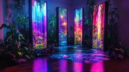 A D exhibition setup with customizable panels and vibrant LED lighting accents.