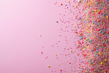 Naklejka premium Pink background with a rainbow of sprinkles on it. The sprinkles are scattered all over the background, creating a colorful and fun atmosphere