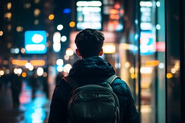 Naklejka premium Night Cityscape Person with Backpack Urban Exploration