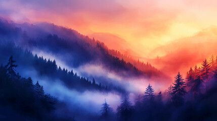 Obraz premium Mountain landscape during sunrise with mist and glowing light