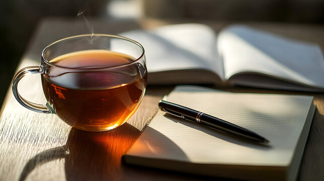 Warm tea, open notebook, and pen await inspiration. A cozy workspace bathed in sunlight.