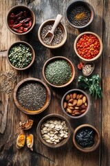 A collection of herbs and spices in wooden bowls on a table, ready to add flavor to cooking.