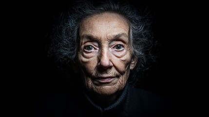 Obraz premium Close-up portrait of an elderly woman's face, illuminated against a dark background.