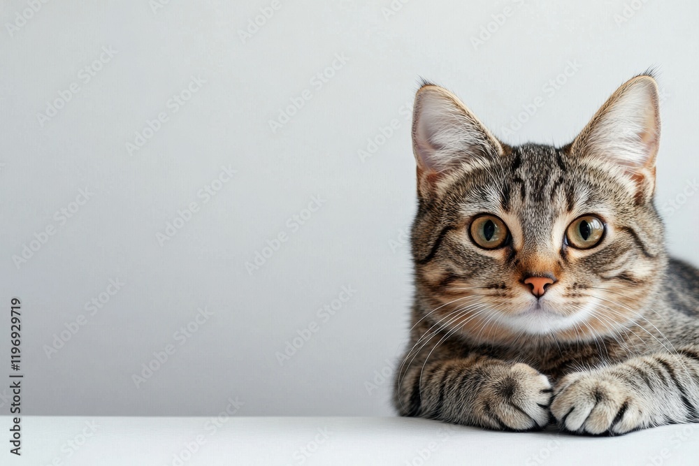 Poster cute tabby cat laying on a table with its paws together, ready to pose for a portrait in a bright in