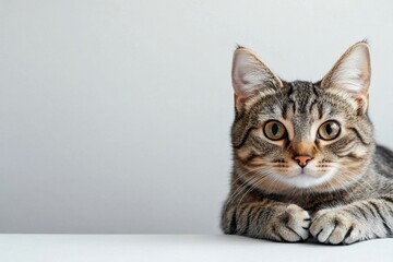 Cute tabby cat laying on a table with its paws together, ready to pose for a portrait in a bright indoor environment. Generative AI
