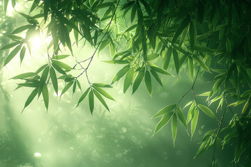 Obraz premium Close-up of bamboo foliage veiled by a gentle mist, highlighted by diffused light, creating a tranquil and meditative visual effect,