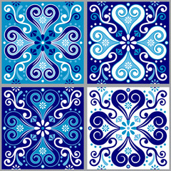Lisbon style Azulejo tile seamless vector navy blue pattern, elegant decorative design inspired by art from Portugal with floral and geometric motif
