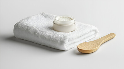 Spa essentials:  Soft towel, cream jar, and wooden application tool. Perfect for skincare routine imagery.