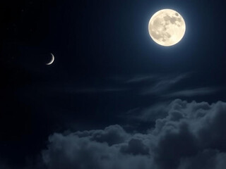 Fototapeta premium A night sky image displays a full moon shining over clouds, and a thin crescent moon