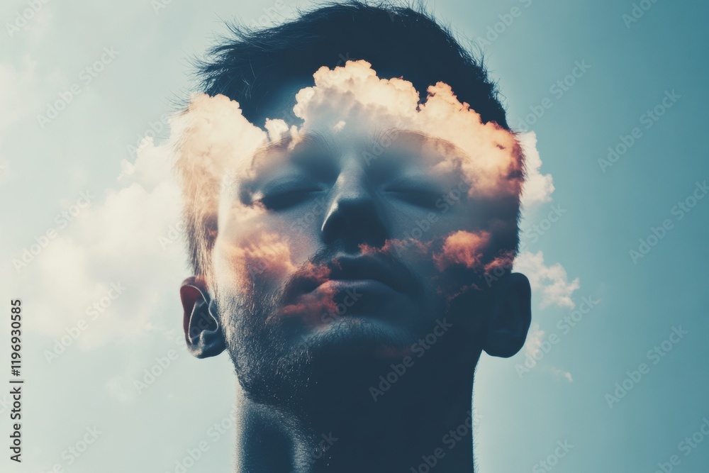 Aufkleber Clouds reflecting thoughts and dreams in a serene artistic representation of a young man. Generative AI