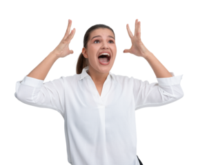 Woman expressing excitement or surprise with open mouth and raised hands.