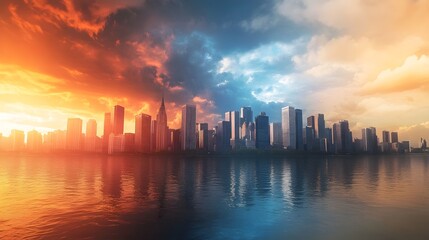 Fototapeta premium Dramatic Cityscape Skyline Stunning Sunset Sunrise Reflection Water Modern Urban Architecture Buildings Cityscape Evening Twilight Golden Hour Blue Hour Orange 