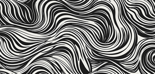 Wavy and swirled brush strokes vector seamless pattern. Bold curved lines and squiggles ornament. Seamless horizontal banner with doodle bold lines. Black and white wallpaper. 