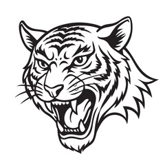 Fototapeta premium Angry tiger head with roaring mouth hand drawn sketch engraving style vector illustration.