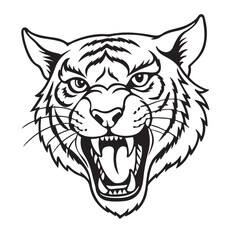Obraz premium Angry tiger head with roaring mouth hand drawn sketch engraving style vector illustration.